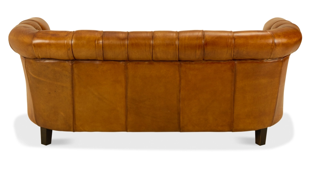 Canapé Chesterfield cuir 2 places cognac accoudoirs cloutés