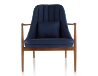 Fauteuil design bois teinte merisier et tissu bleu marine