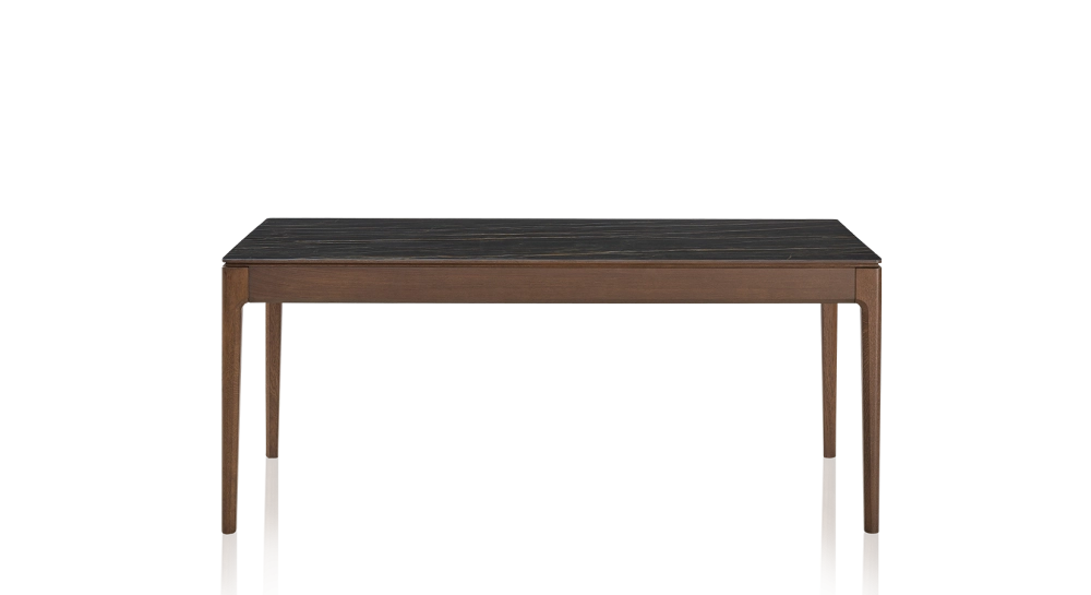Table extensible en chêne et céramique 6 à 10 personnes allonges céramique avec bois teinte marron foncé et plateau et allonges céramique effet marbre noir 140x90 cm