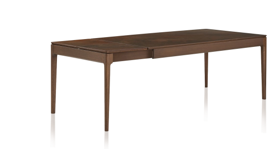 Table extensible 6 à 10 personnes en chêne et céramique allonges céramique avec bois teinte marron foncé et plateau et allonges céramique brun oxydé 160x100 cm