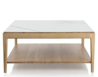 Mesa de centro cuadrada de roble y cerámica con estante en madera tinte natural tablero cerámico efecto mármol blanco 100x100 cm