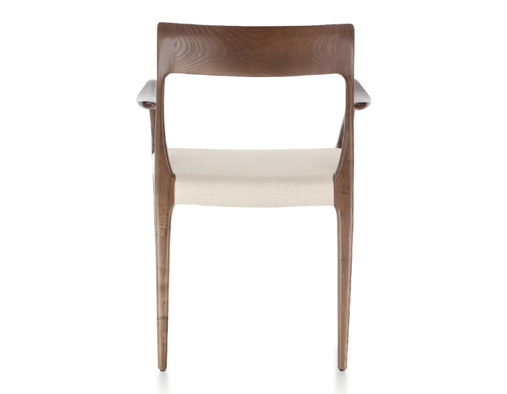 Chaise scandinave avec accoudoirs bois teinte marron foncé assise tissu chevron beige
