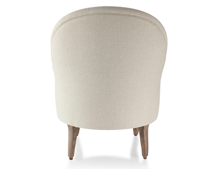 Fauteuil crapaud avec accoudoirs pieds bois teinte noyer et tissu chevron beige