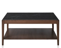 Table basse carrée en chêne et céramique avec tablette en bois teinte marron foncé plateau céramique effet ardoise 100x100 cm