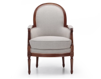 Fauteuil bergère mouluré style Louis XVI bois teinte ancienne et tissu beige naturel