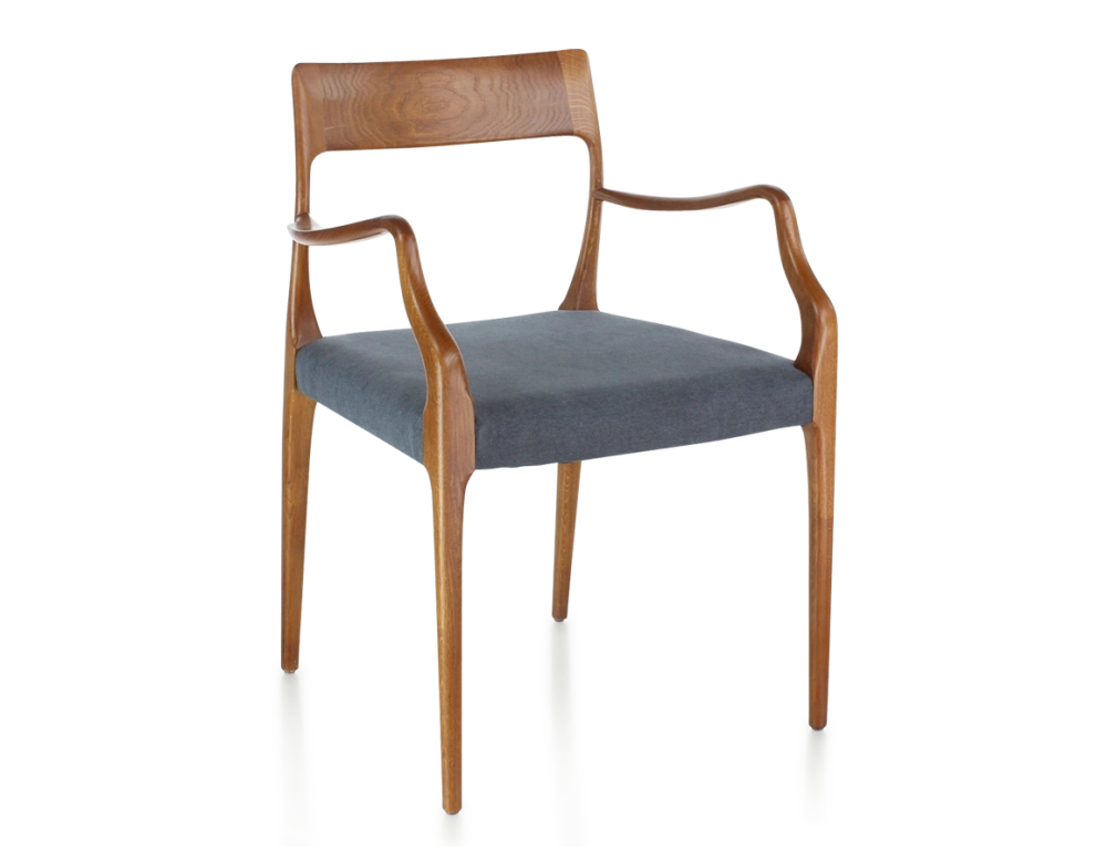 Scandinavian armchair with armrests cherry-stained wood, grey fabric seat
