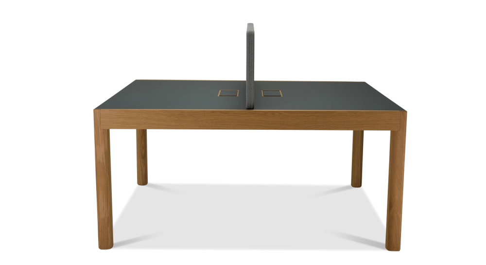 Bureau bench 2 postes chêne teinte naturelle plateau fenix vert foncé 140x160