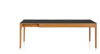 Table extensible en chêne et céramique 6 à 10 personnes allonges céramique avec bois teinte merisier et plateau et allonges céramique effet marbre noir 140x90 cm