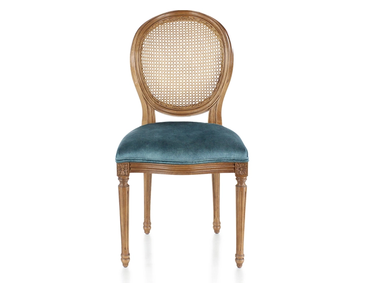 Chaise ancienne style Louis XVI bois teinte ancienne dossier canné assise tissu velours bleu pétrole