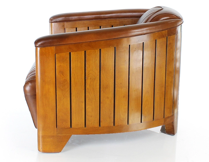 Fauteuil club bois et cuir marron vintage
