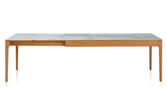 Table extensible 6 à 10 personnes en chêne et céramique allonges céramique avec bois teinte merisier et plateau et allonges céramique effet marbre blanc 160x100 cm