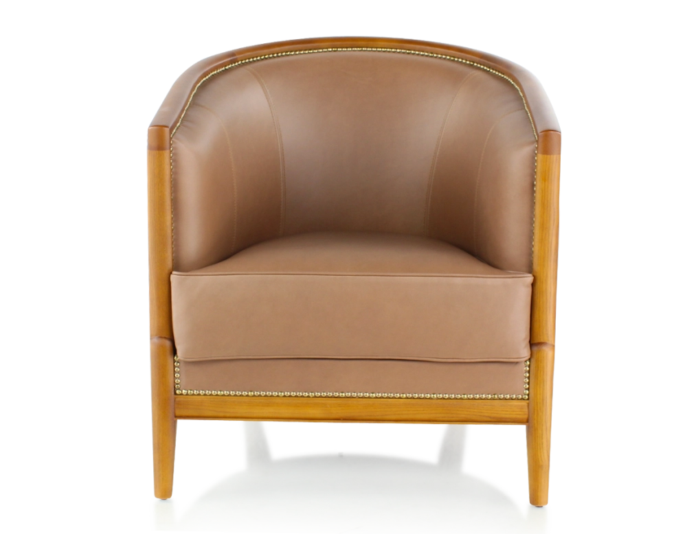 Fauteuil ancien teinte merisier et cuir noisette
