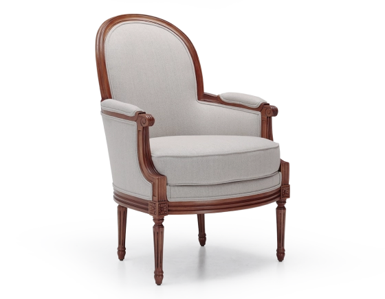 Louis XVI style moulded bergère armchair wood antique stain and natural beige fabric