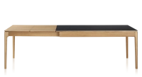 Table extensible 8 à 12 personnes en chêne et céramique allonges bois avec bois teinte naturelle et plateau céramique noir unie 210x100 cm
