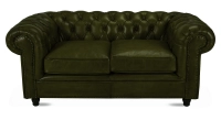 Canapé Chesterfield cuir 2 places vert olive accoudoirs cloutés