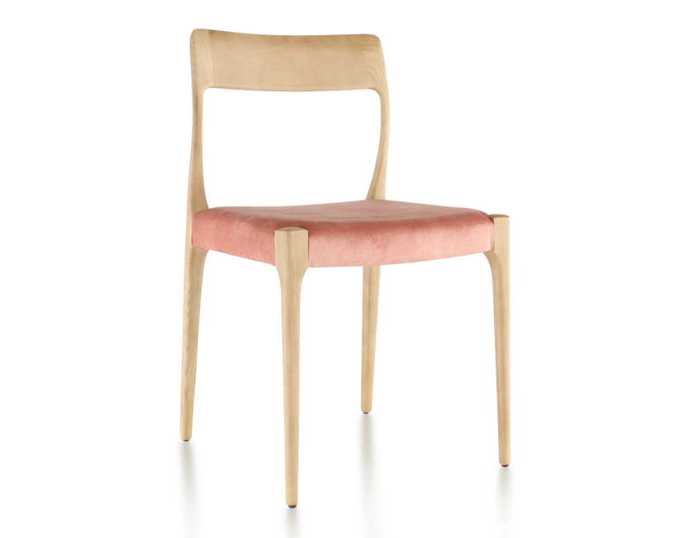 Chaise scandinave bois teinte naturelle assise tissu velours rose pâle
