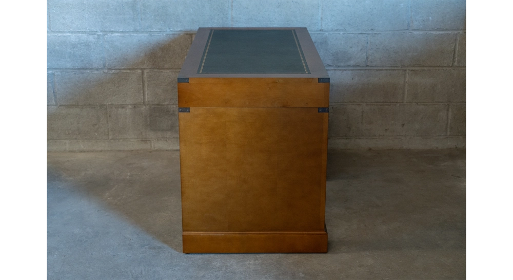 Bureau marine simple caisson 5 tiroirs bois teinte merisier et cuir vert