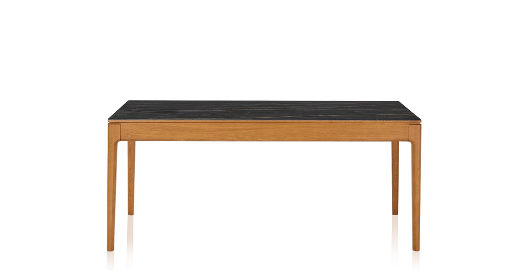 Table extensible 6 à 10 personnes en chêne et céramique allonges bois avec bois teinte merisier et plateau céramique effet marbre noir 160x100 cm