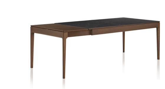Table extensible 6 à 10 personnes en chêne et céramique allonges bois avec bois teinte marron foncé et plateau céramique effet ardoise 140x90 cm