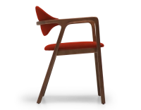 Designer armchair dark brown stained wood and burnt orange fabric