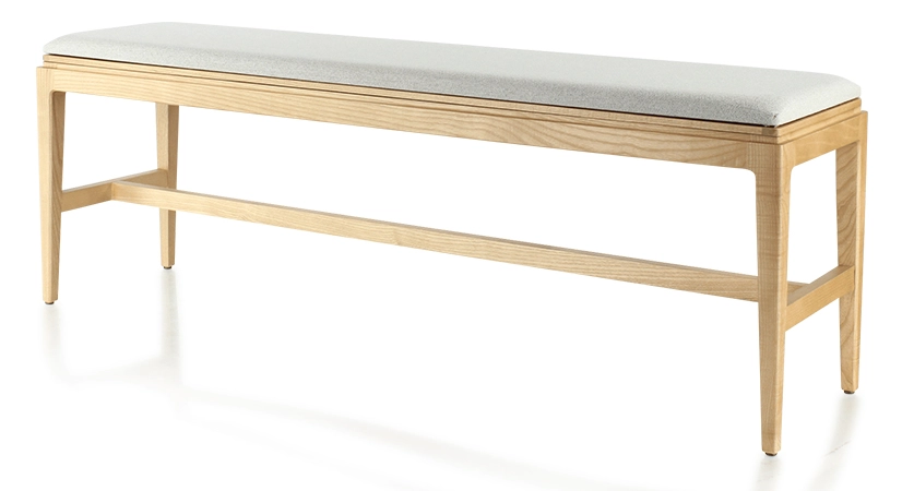 Banc design bois teinte naturelle assise tissu beige naturel L140 cm