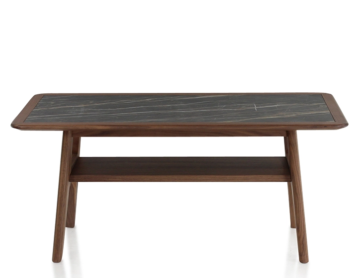 Table basse rectangulaire en chêne et céramique avec bois teinte marron foncé plateau céramique effet marbre noir 100x50 cm