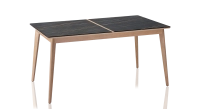 Table salle à manger en chêne et céramique 6 personnes avec bois teinte naturelle et plateau céramique effet marbre noir 160x100 cm