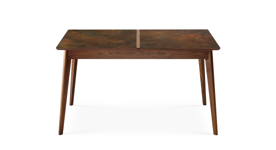 Table extensible 6 à 8 personnes en noyer et céramique allonges bois avec bois teinte naturelle et plateau céramique brun oxydé 140x90 cm