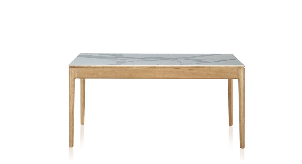 Table salle à manger en chêne et céramique 8 personnes avec bois teinte naturelle et plateau céramique effet marbre blanc 180x100 cm