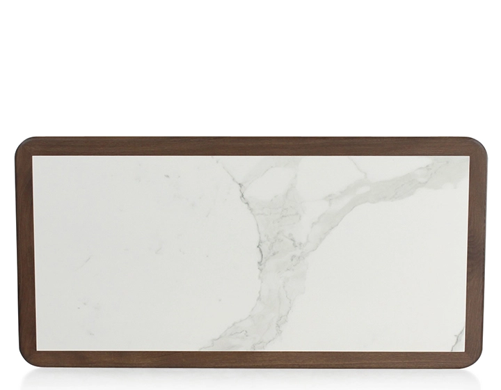 Rectangular coffee table in oak and ceramic with dark brown stained wood white marble effect ceramic top 100x50 cm