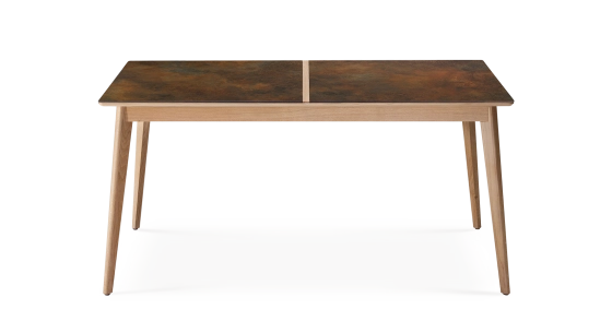 Table salle à manger en chêne et céramique 6 personnes avec bois teinte naturelle et plateau céramique brun oxydé 160x100 cm