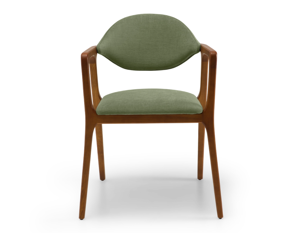 Chaise design avec accoudoirs bois teinte merisier et tissu vert