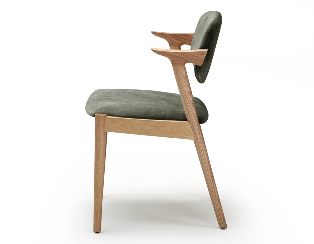 Scandinavian chair wood with a natural finish, velvet fabric seat in forest green.