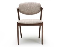 Scandinavian chair dark brown stained wood with fusion fabric seat.