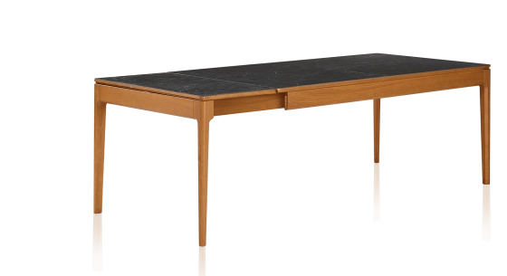 Table extensible 8 à 12 personnes en chêne et céramique allonges céramique avec bois teinte merisier et plateau et allonges céramique effet ardoise 210x100 cm