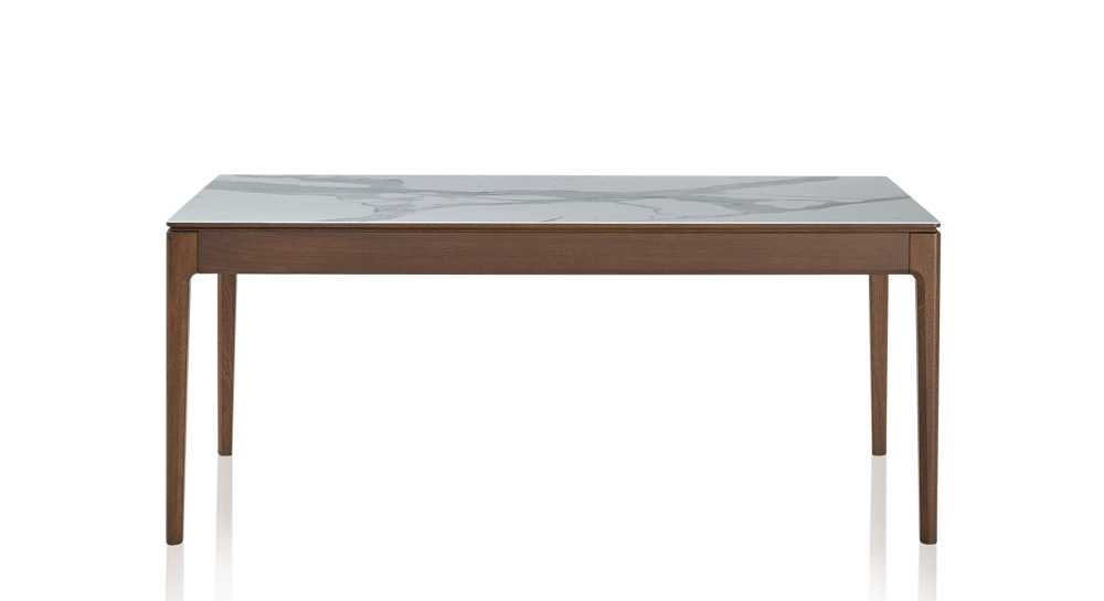 Table salle à manger en chêne et céramique 6 personnes avec bois teinte marron foncé et plateau céramique effet marbre blanc 160x100 cm