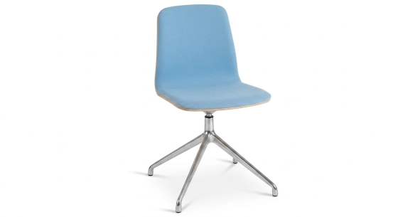 Chaise de bureau sans roulettes dossier bois teinte naturelle assise en tissu bleu