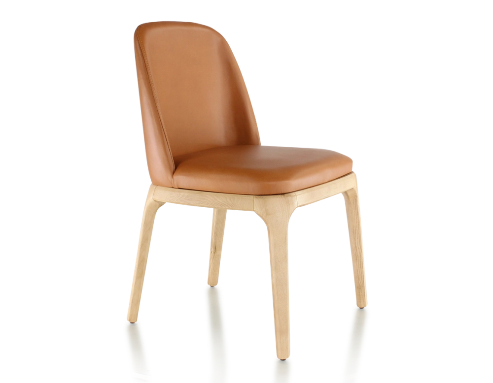 Chaise design bois teinte naturelle et cuir caramel