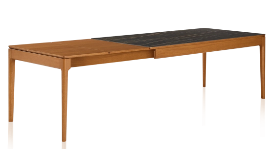 Table extensible 8 à 12 personnes en chêne et céramique allonges bois avec bois teinte merisier et plateau céramique effet marbre noir 210x100 cm