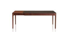 Table extensible 8 à 12 personnes en noyer et céramique allonges bois avec bois teinte naturelle et plateau céramique brun oxydé 210x100 cm