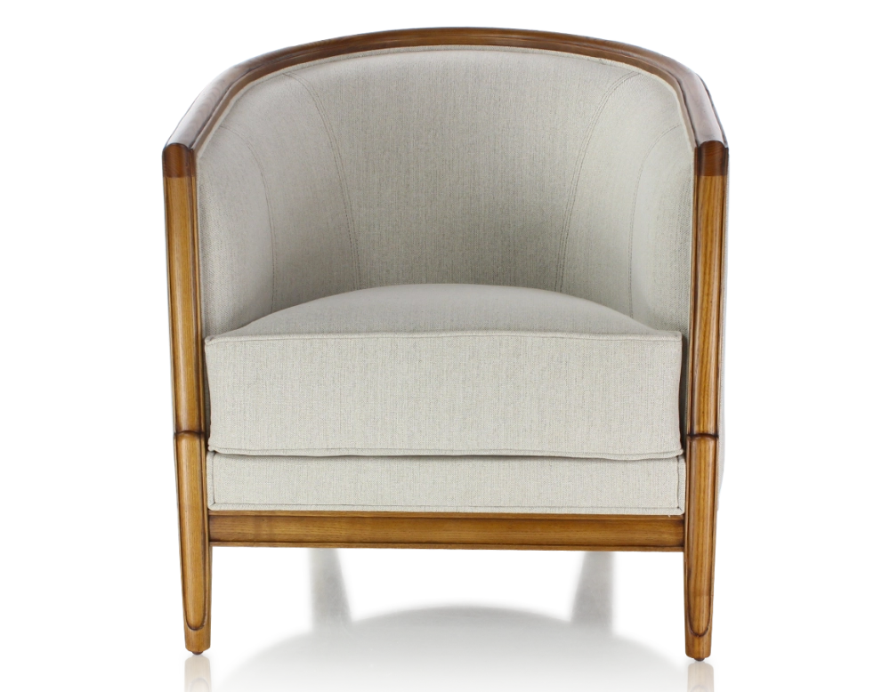 Sillón antiguo con reposabrazos moldurados madera con tinte envejecido y tejido beige natural