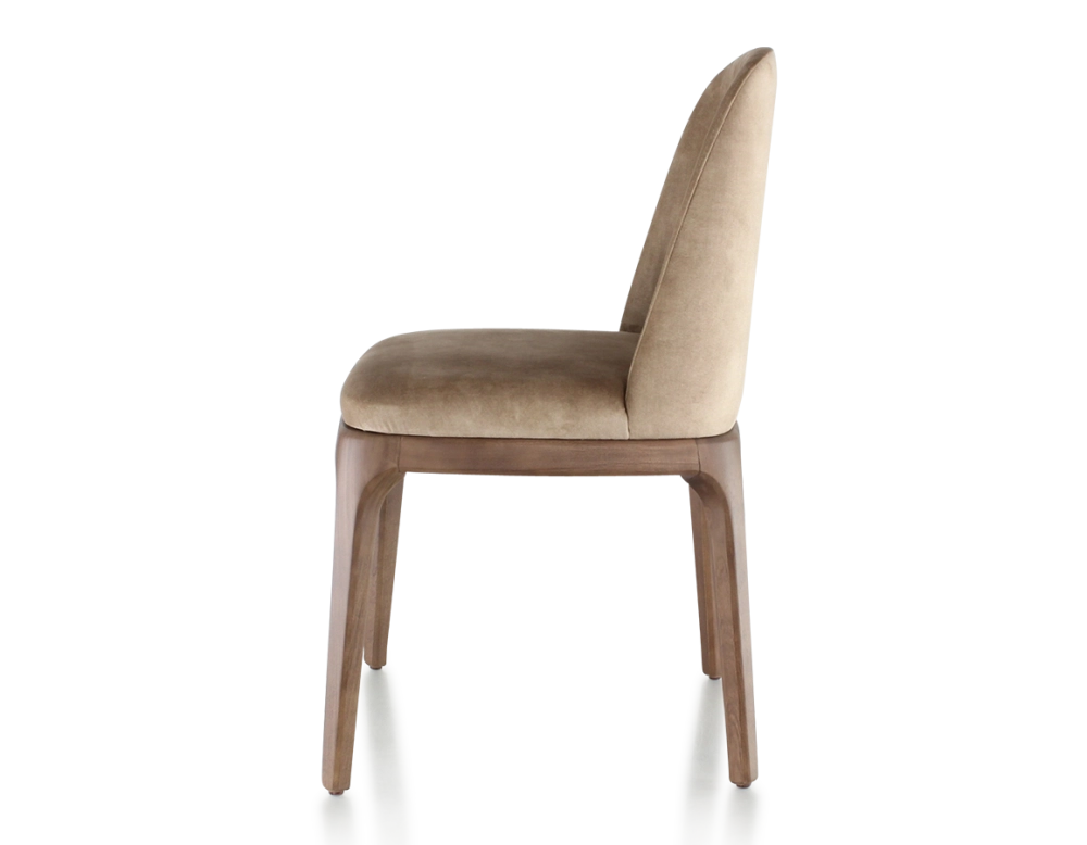 Designer chair dark brown stained wood and light taupe velvet fabric