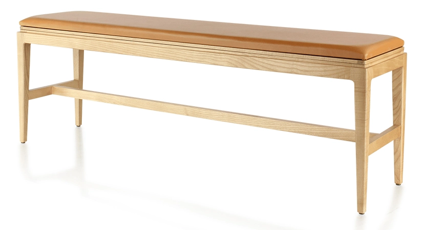 Banc design bois teinte naturelle assise cuir caramel L140 cm