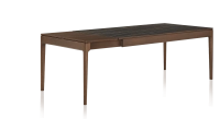 Table extensible 8 à 12 personnes en chêne et céramique allonges bois avec bois teinte marron foncé et plateau céramique effet marbre noir 180x100 cm