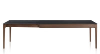 Extendable oak and ceramic table for 6 to 10 people with ceramic extensions with dark brown stained wood and plain black ceramic top and extensions 140x90 cm