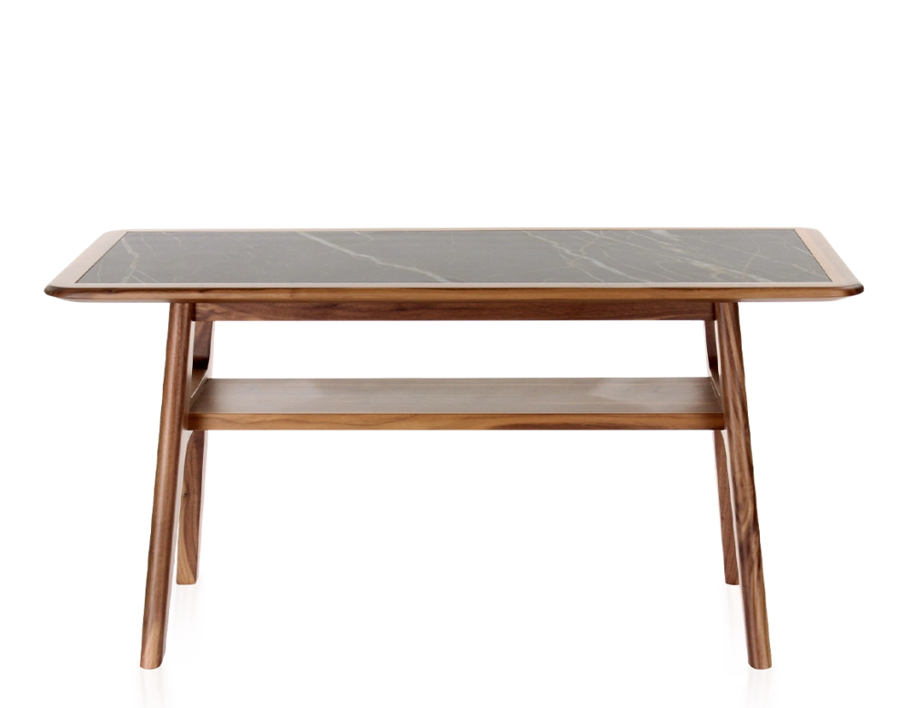 Table basse rectangulaire en noyer et céramique bois teinte naturelle plateau céramique effet marbre noir 100x50 cm