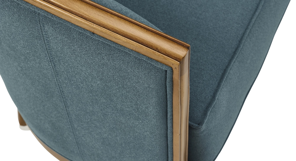 Sofá antiguo de 2 plazas con reposabrazos moldurados bois teinte ancienne et tissu bleu océan