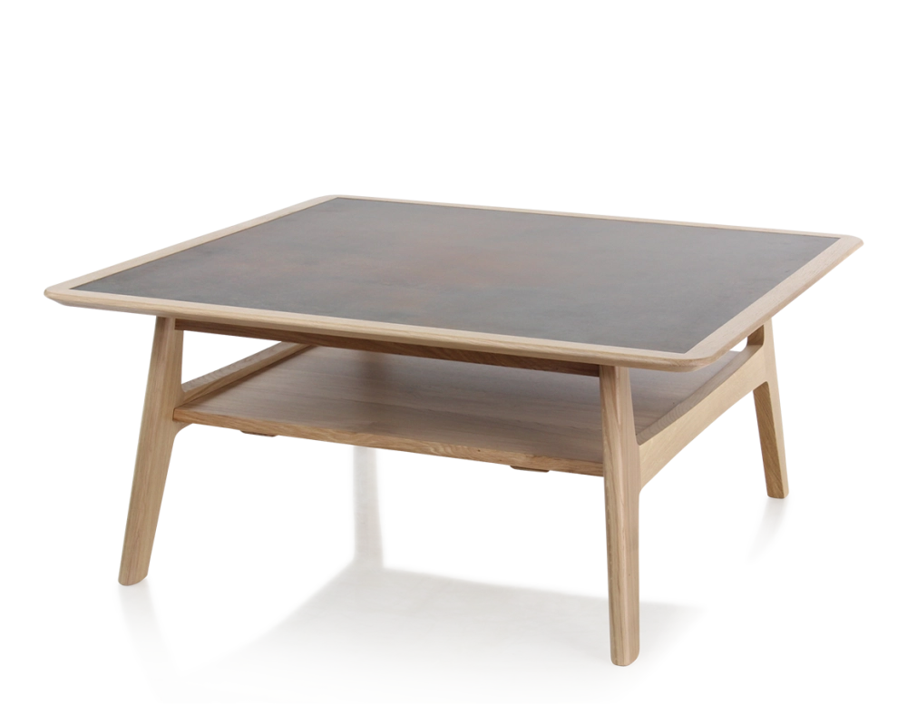 Table basse carrée en chêne et céramique avec bois teinte naturelle plateau céramique brun oxydé 100x100 cm