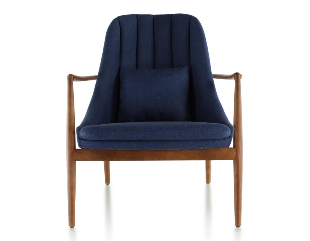 Fauteuil design bois teinte merisier et tissu bleu marine