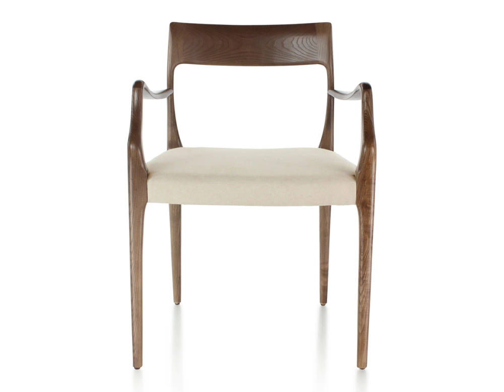 Chaise scandinave avec accoudoirs bois teinte marron foncé assise tissu camel